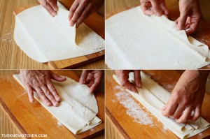 Fold the dough in a zigzag manner and sprinkle flour between each fold to prevent the layers from sticking.